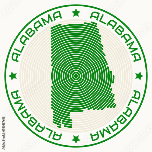 Alabama map with round title. State shape rings. Alabama text around the state boundary shape. Creative vector illustration.