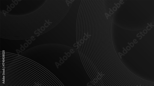 Circle lines abstract vector background. Minimal geometric circular dark black pattern. Modern futuristic technology style. For widescreen presentation slide, conference, gala, powerpoint, keynote.