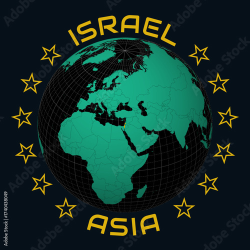 State of Israel on Globe. Round country and continent name text. Country view on world map in Black Emerald color palette. Israel shape on map. Captivating vector illustration.