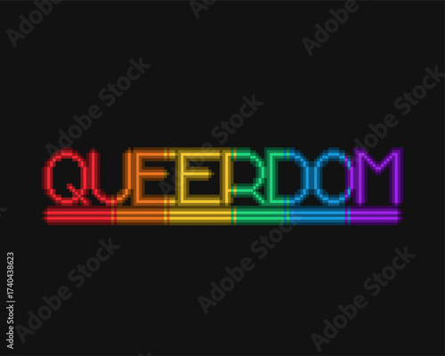 Glowing Rainbow Typography of "Queerdom" with Two Lines Underneath, Pixel Art Abstract Art
