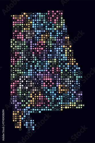 Alabama, shape of the state build of colored cells. Digital style map of the Alabama on dark background. Small size rounded square blocks. Vibrant vector illustration.