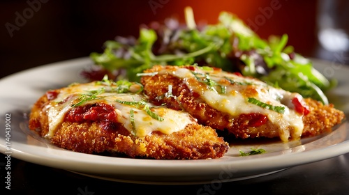 Australian Chicken Parmigiana isolated on round white plate, crispy fillet topped with tomato sauce and melted cheese