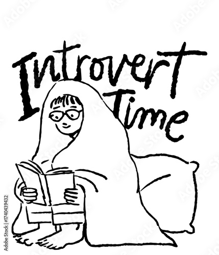 Funny doodle illustration of an introvert relaxing with a blanket and drink. Great for humor, mental health awareness, or lifestyle-themed graphics