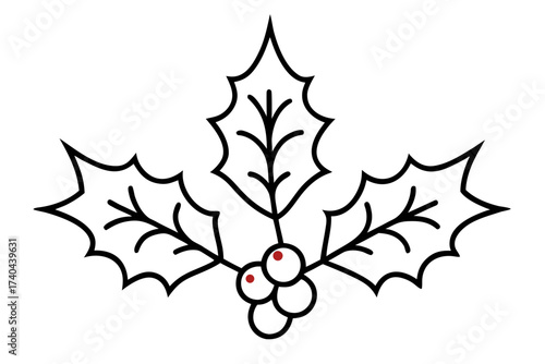 line art Holly leaves and red berries, Christmas botanical element, isolated on white background