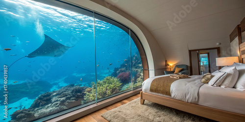 View from a luxurious underwater hotel room window onto a vibrant coral reef with a manta ray. Unique luxury travel, surreal accommodation, and marine life experience