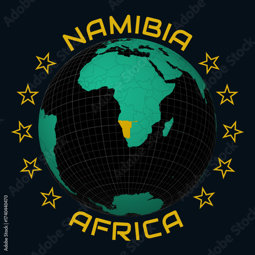 Republic of Namibia on Globe. Round country and continent name text. Country view on world map in Black Emerald color palette. Namibia shape on map. Authentic vector illustration.