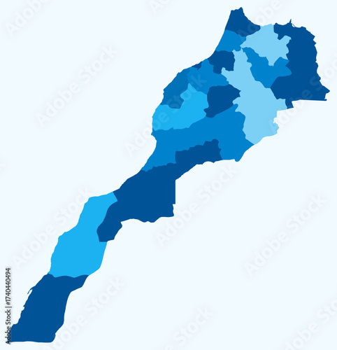 Map of Morocco with regions. Just a simple country border map with region division. Light blue color palette. Plain Morocco shape with administrative division. Vector illustration.
