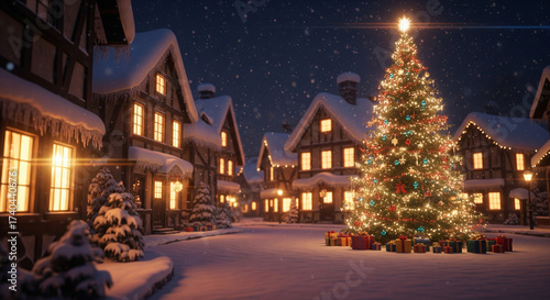 Snowy village under moonlight with decorated Christmas tree and glowing houses in festive winter scene.