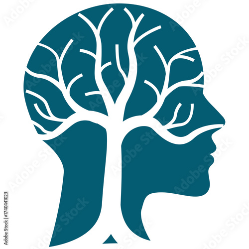 Silhouette of Head with Tree Branches, white color isolated on white background, png transparent