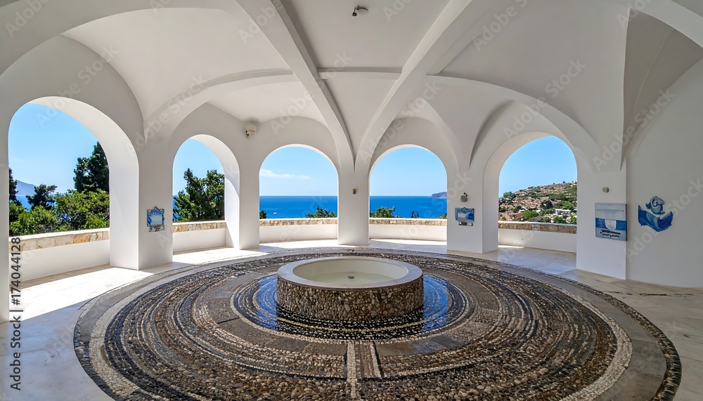 Obraz premium White rotunda with mosaic fountain, ocean view