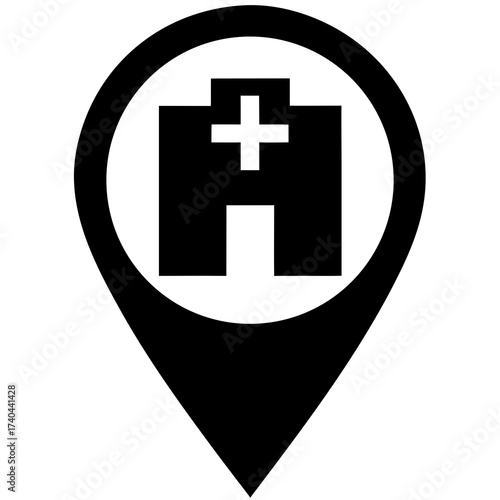 A silhouette of a location pin containing a sleek, modern hospital cross icon, marking a healthcare facility