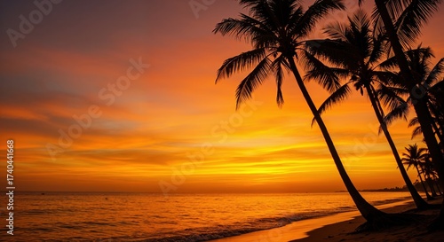 Wallpaper Mural Golden Sunset Silhouette: A vibrant, tropical scene where the sun paints the sky with fiery hues, as the silhouettes of swaying palm trees frame the golden sunset. Torontodigital.ca