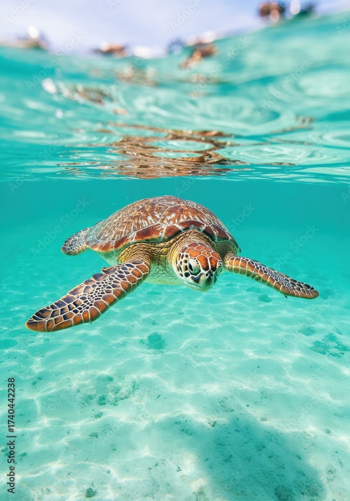 Obraz premium Oceanic Journey: A sea turtle gracefully glides through the crystal-clear turquoise water, a serene dance of life in the depths of the ocean. The sun filters through the surface. 