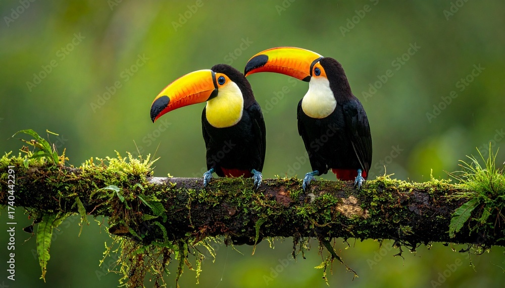 Fototapeta premium Two keel-billed toucans perched on a mossy branch in a lush tropical setting with blurred greenery.