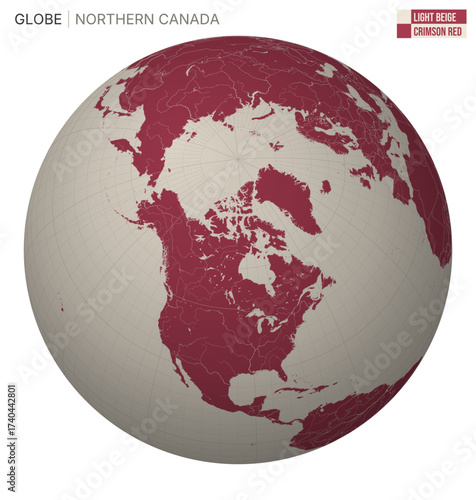 Vector Globe centered to Northern Canada. Light Beige Crimson Red palette. World map with meridians, parallels, countries, rivers and lakes. Artistic vector illustration.