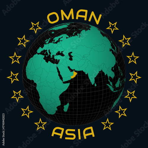 Oman on Globe. Round country and continent name text. Country view on world map in Black Emerald color palette. Oman shape on map. Creative vector illustration.