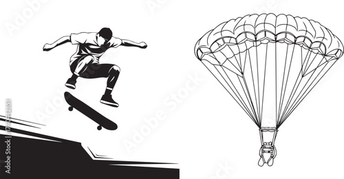 Skateboarder Jumping and Open Parachute Black and White Illustration Set