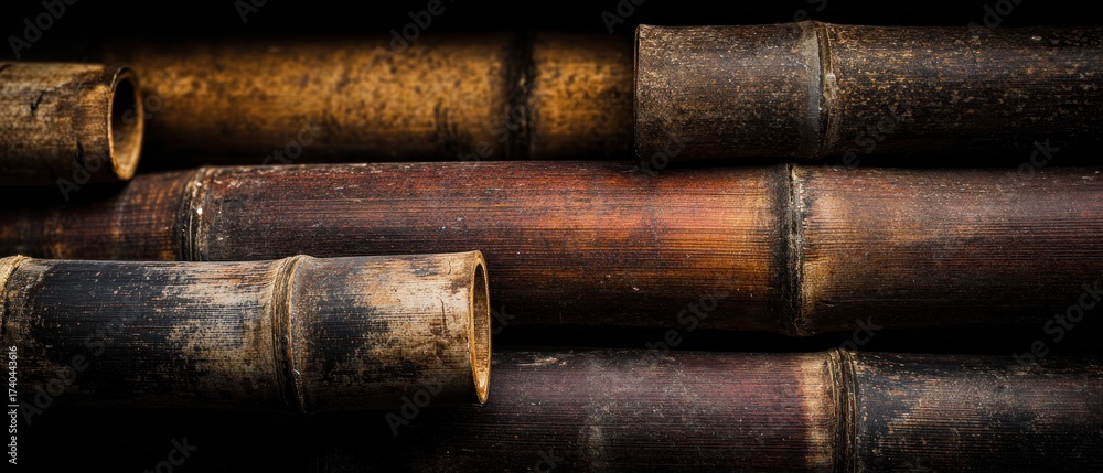 Fototapeta premium Close up of bamboo stalks dark background