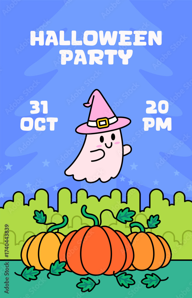 Obraz premium Halloween party poster featuring a smiling cartoon ghost in a witch hat above pumpkins in a green field with a starry blue sky for event invitations, party flyers, festive decorations, and seasonal