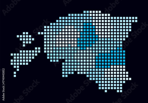 Estonia dotted map. Digital style map of the country on dark background. Estonia shape with square dots. Colored dots style. Large size squares. Plain vector illustration.