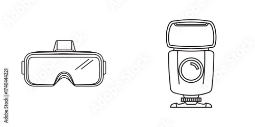 Line Art Illustration of a Virtual Reality Headset and a Photography Flash Unit