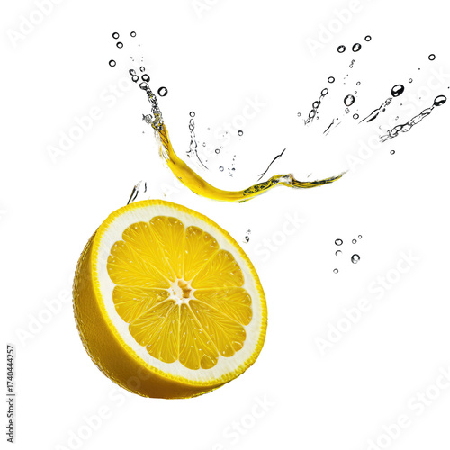 Lemon slice submerged in water, creating a splash with droplets on black