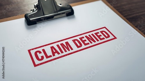 Insurance policy documents clipped together under a bold “CLAIM DENIED” rubber stamp, tabletop office context.