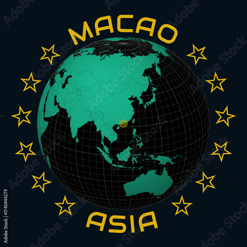 Macao Special Administrative Region, People's Republic of China on Globe. Round country and continent name text. Country view on world map in Black Emerald color palette. Macao shape on map.