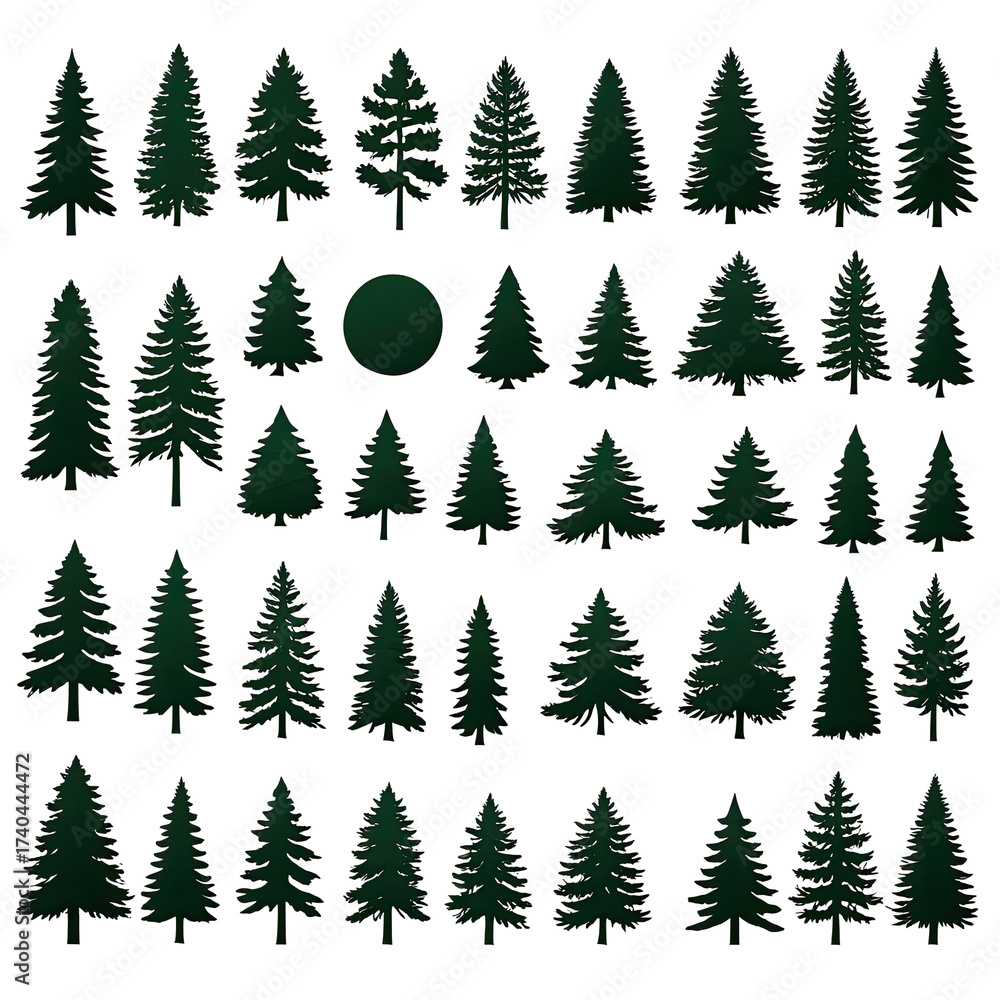Obraz premium Collection of diverse dark green evergreen trees, isolated on black background