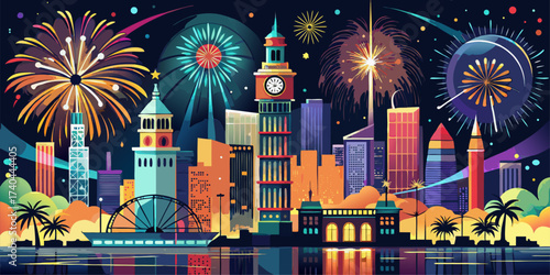 Stunning Cityscapes: Celebrate a momentous occasion with iconic fireworks and skyline illustrations. Perfect for event covers, New Year's Eve promotions, or festival designs.