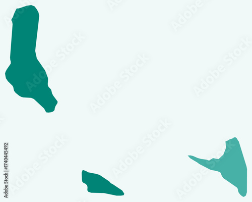 Map of Comoros with regions. Just a simple country border map with region division. Teal color palette. Blank Comoros shape with administrative division. Vector illustration.