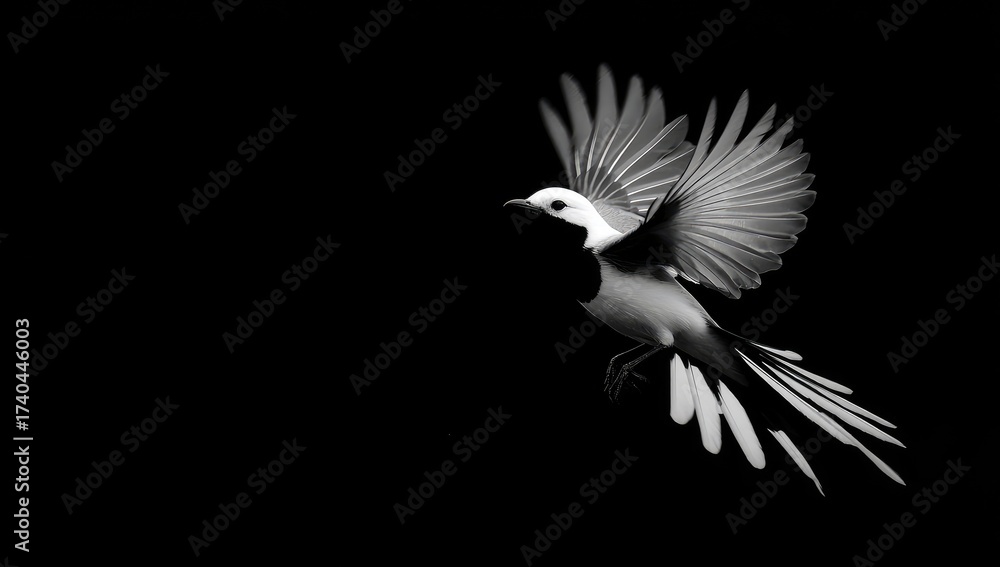 Fototapeta premium A white-faced bird with spread wings is in flight against a black background