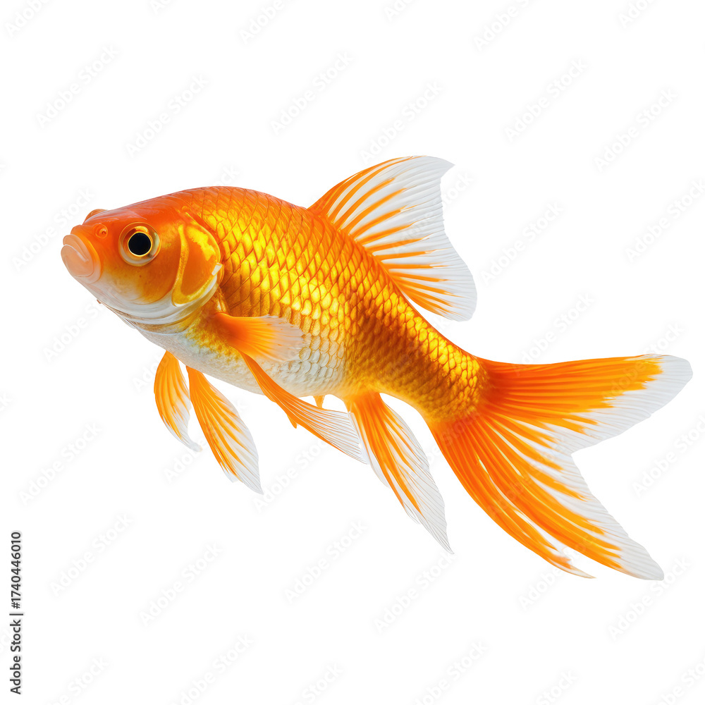 Fototapeta premium Golden fish, orange scales and white fins on black background