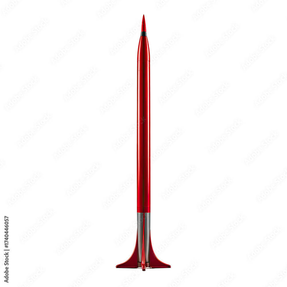 Fototapeta premium Sleek red metallic rocket soaring, isolated on black
