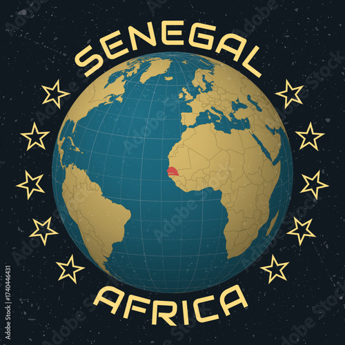 Senegal on Globe. Country name round text. Vintage look with grunge scratched texture. Country view on world map in Sky Blue Light Yellow color palette. Senegal shape on map.