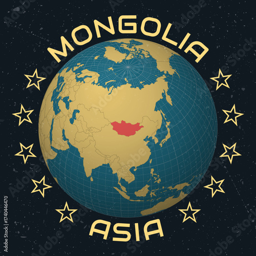 Mongolia on Globe. Country name round text. Vintage look with grunge scratched texture. Country view on world map in Sky Blue Light Yellow color palette. Mongolia shape on map.