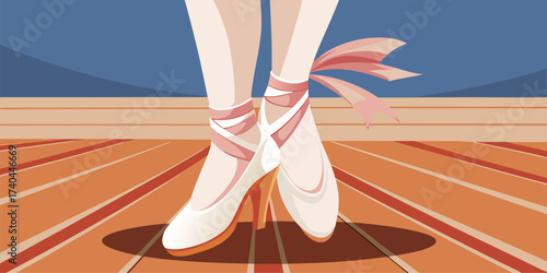 Illustration of Pointe shoes of ballet dancer's feet decorated with red or pink ribbon graphics, with a stage background for dance preparation, as a Digital art of Classical Ballet Footwear