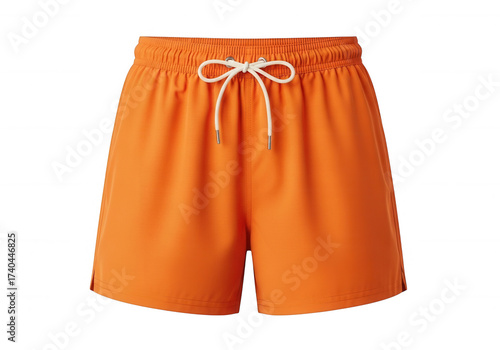 Bright orange swim shorts with white drawstring isolated on a transparent background