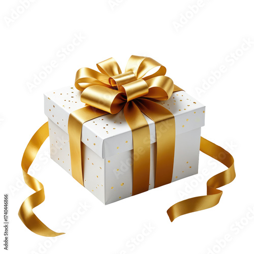 White gift box with gold bow and ribbon on black background, festive