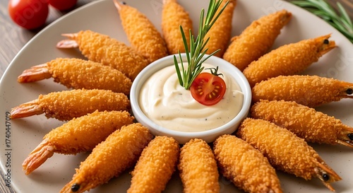 Delicious Crispy Fried Shrimp with Creamy Sauce on Rustic Wooden Table