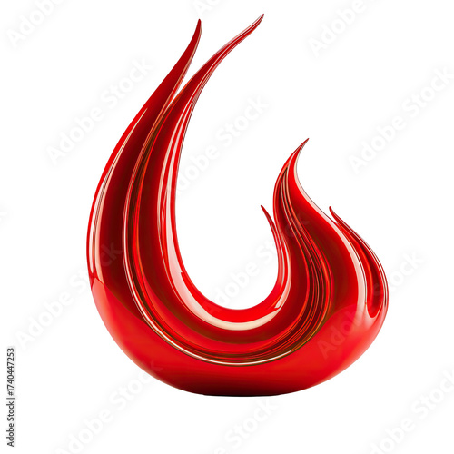 Glossy red flame shape on a black background. Swirling curves, vibrant