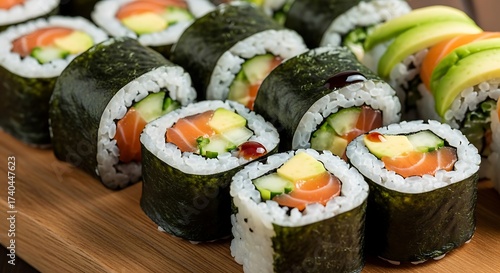 Homemade Sushi Rolls with Salmon, Avocado, and Cucumber