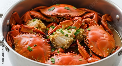 Cooked Crabs with Garlic Butter Sauce in Stainless Steel Pot
