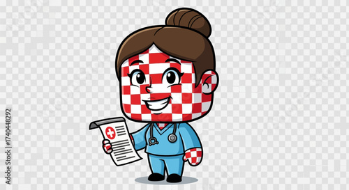 Cartoon Croatian Nurse Holding Medical Chart with Checkered Face.