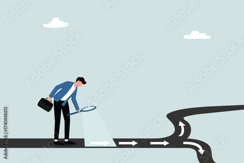Looking for a path to success for decision choices, finding opportunities for paths, directions or roads to the concept of success, entrepreneurs analyze career paths with a magnifying glass.