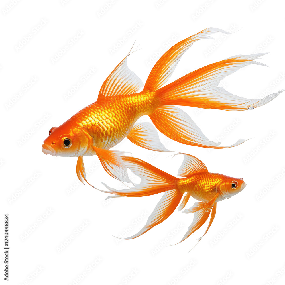 Fototapeta premium Two elegant goldfish with flowing fins against a stark black background