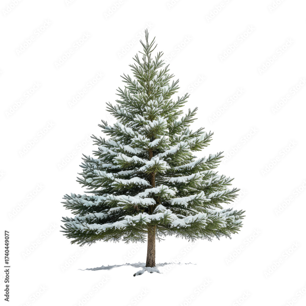 Fototapeta premium Snowy evergreen tree isolated against a black background