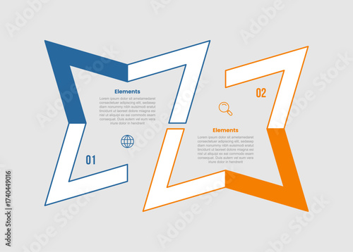 2 elements infographic comparison diagram with creative open shape sharp edge up and down with opposite comparison with 2 step for slide presentation
