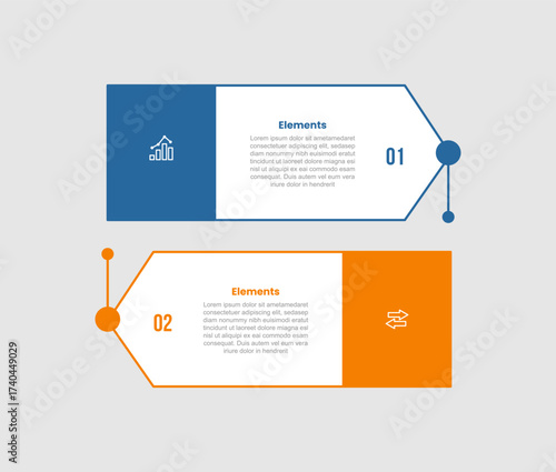 2 elements infographic comparison diagram with arrow rectangle box up and down with dot circle edge with opposite comparison with 2 step for slide presentation