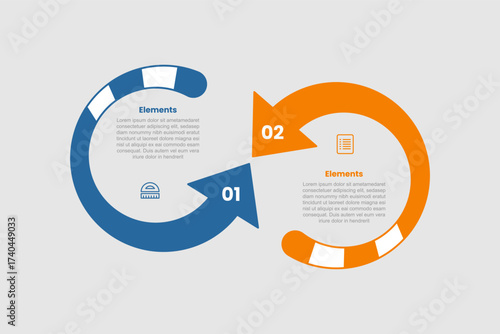2 elements infographic comparison diagram with long arrow up and down cycle direction with opposite comparison with 2 step for slide presentation